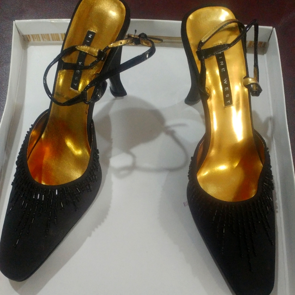 Fancy Nine 9 West Golden Black Womens Dress Casual Shoes Heels Laces Straps 8.5M